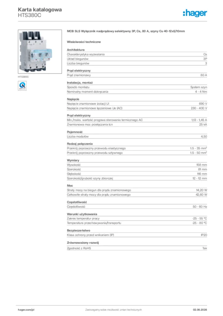 Zdjęcie Hager Karta katalogowa HTS380C | Hager Polska