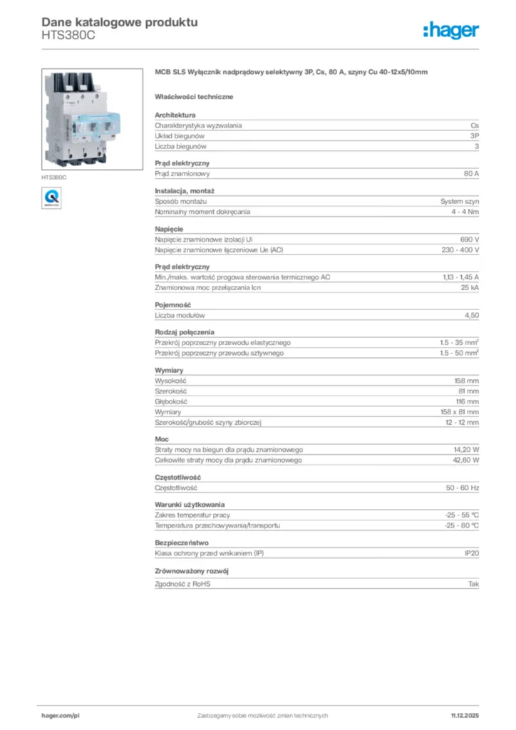 Zdjęcie Hager Dane katalogowe produktu HTS380C | Hager Polska