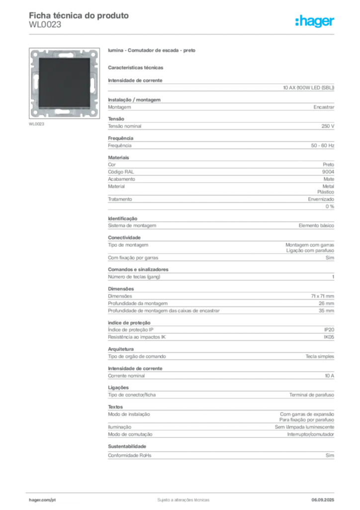 Imagem Hager Ficha técnica do produto WL0023 | Hager Portugal