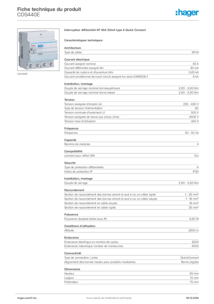 Image Hager Fiche technique du produit CDS440E | Hager Belgique