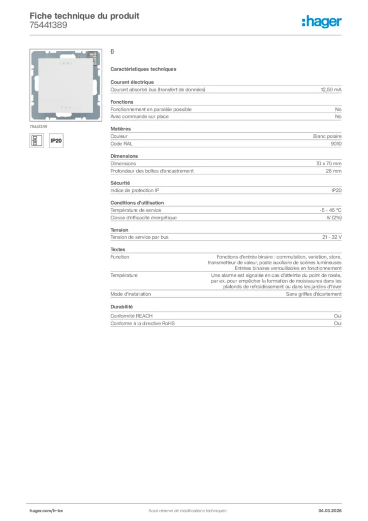 Image Hager Fiche technique du produit 75441389 | Hager Belgique