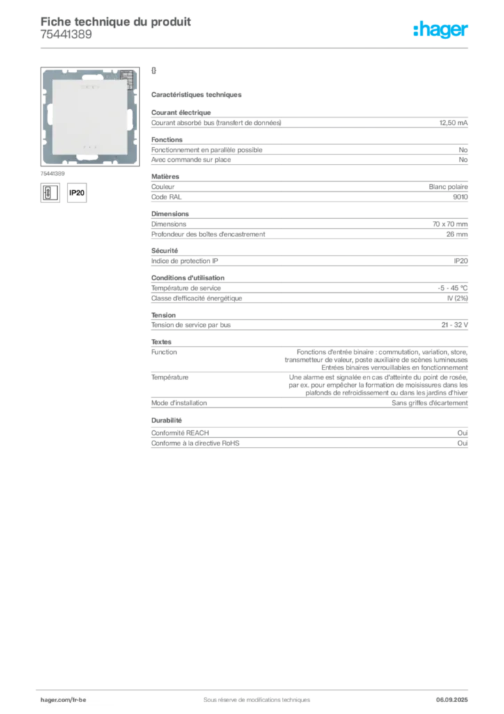 Image Hager Fiche technique du produit 75441389 | Hager Belgique