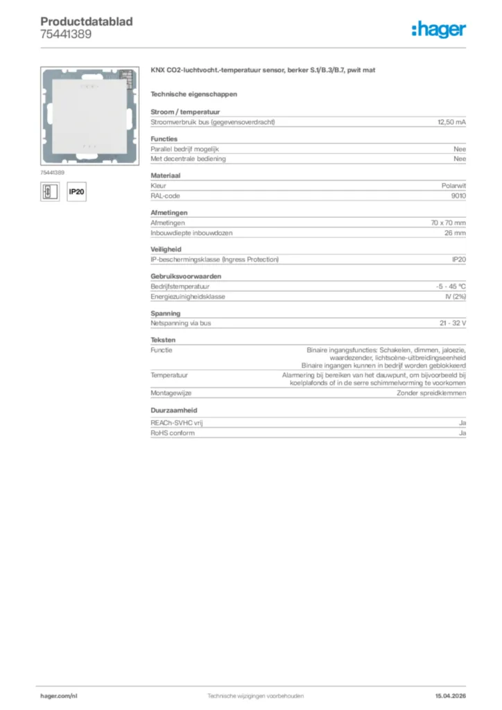 Afbeelding Hager Productdatablad 75441389 | Hager Nederland