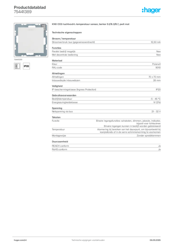 Afbeelding Hager Productdatablad 75441389 | Hager Nederland