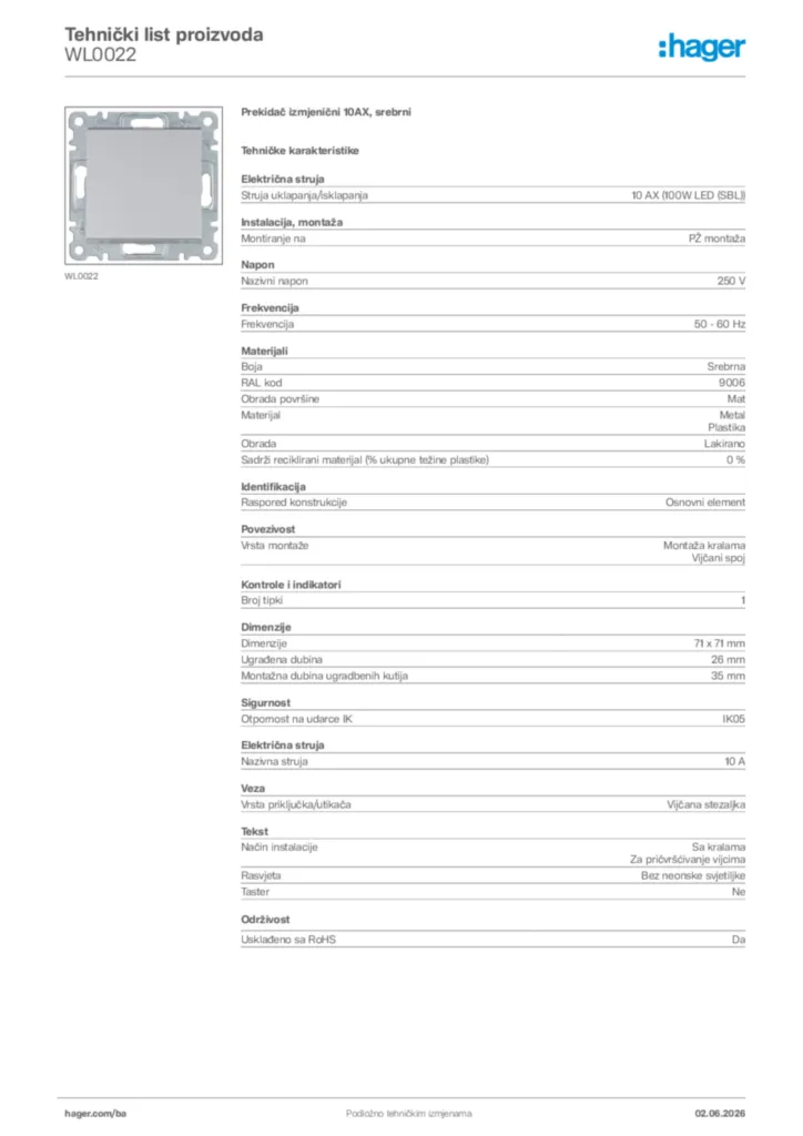 Slika Hager Tehnički list proizvoda WL0022  | Hager