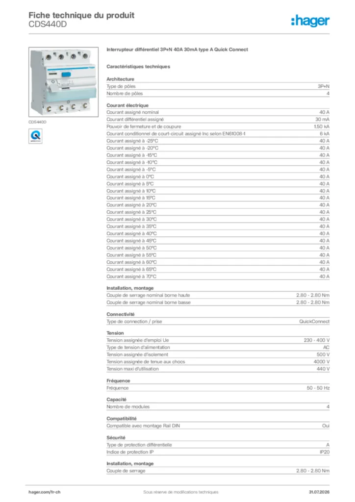 Image Hager Fiche technique du produit CDS440D | Hager Suisse