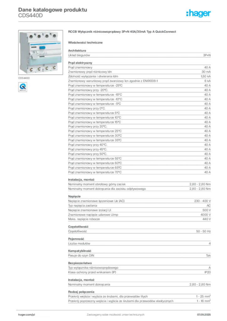 Zdjęcie Hager Dane katalogowe produktu CDS440D | Hager Polska