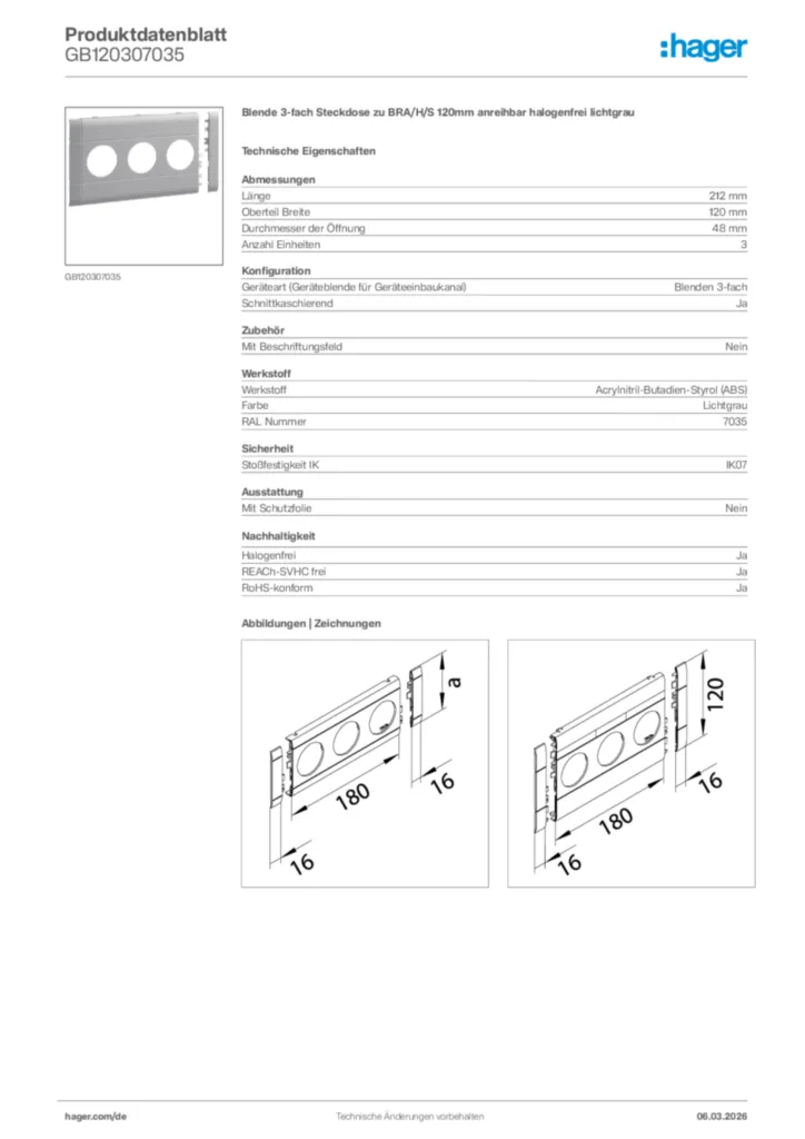 Bild Hager Produktdatenblatt GB120307035 | Hager Deutschland