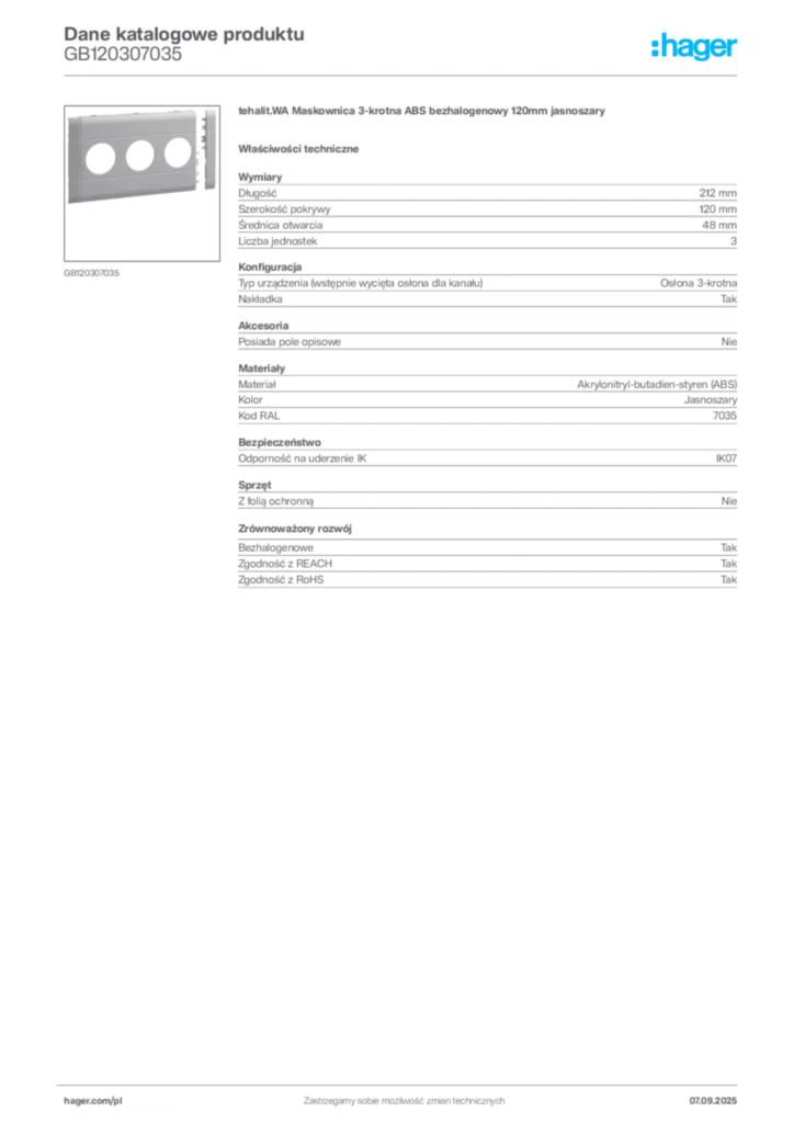 Zdjęcie Hager Dane katalogowe produktu GB120307035 | Hager Polska