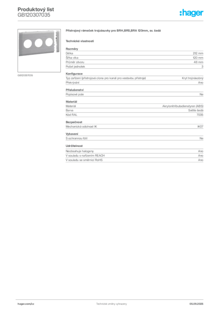 Obrázek Hager Produktový list GB120307035 | Hager