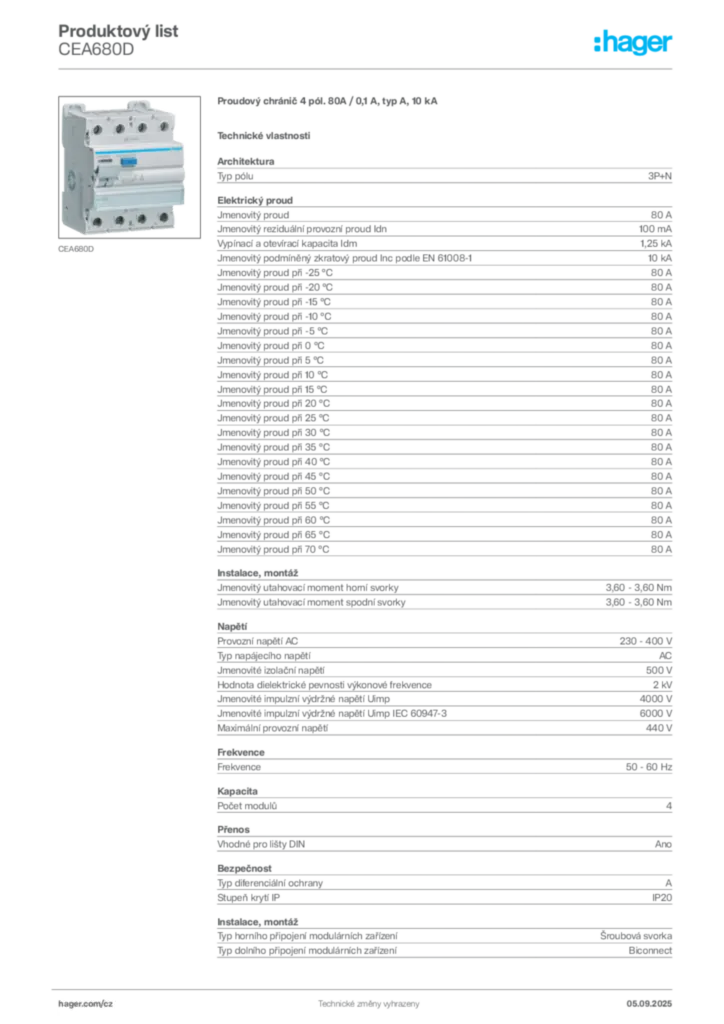 Obrázek Hager Produktový list CEA680D | Hager