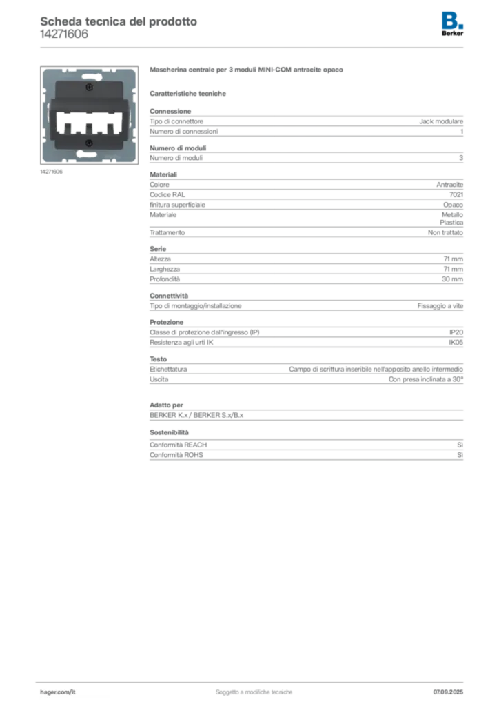 Immagine Berker Scheda tecnica del prodotto 14271606 | Hager Italia