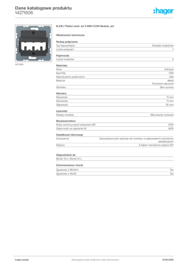 Zdjęcie Hager Dane katalogowe produktu 14271606 | Hager Polska