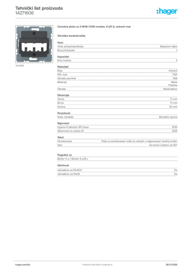 Slika Hager Product data sheet 14271606  | Hager