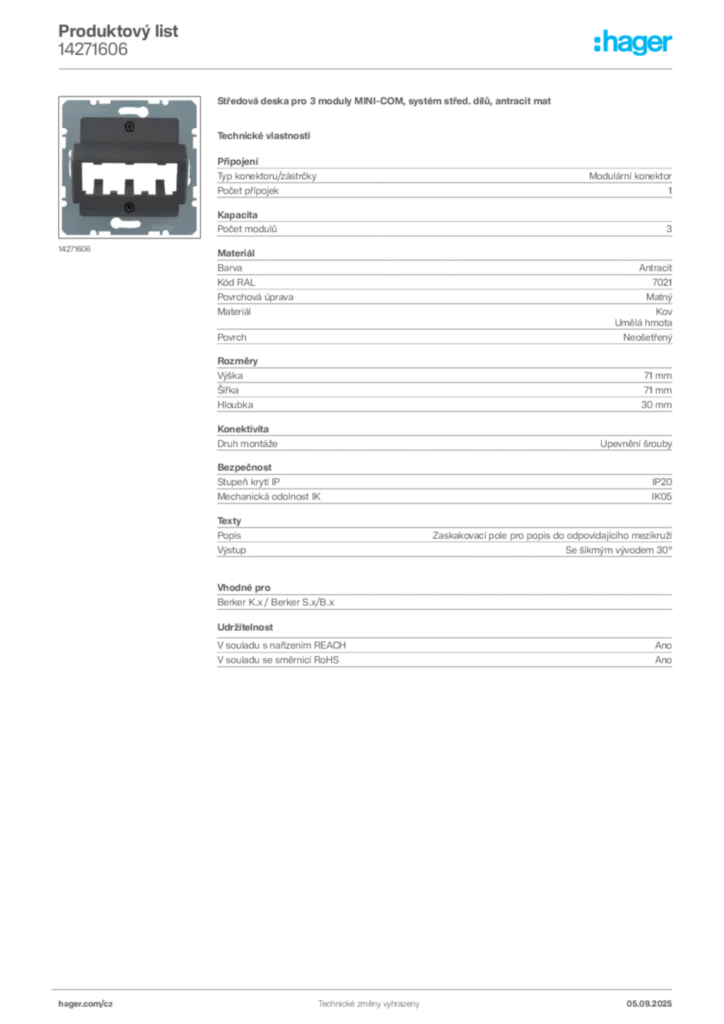 Obrázek Hager Produktový list 14271606 | Hager