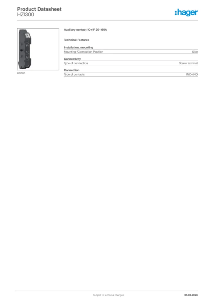 Image Hager Product data sheet HZI300  | Hager Africa
