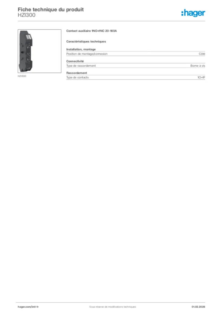 Image Hager Fiche technique du produit HZI300 | Hager Afrique