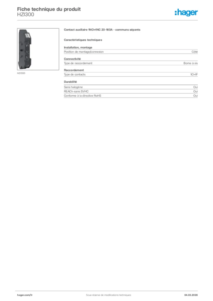 Image Hager Fiche technique du produit HZI300 | Hager France