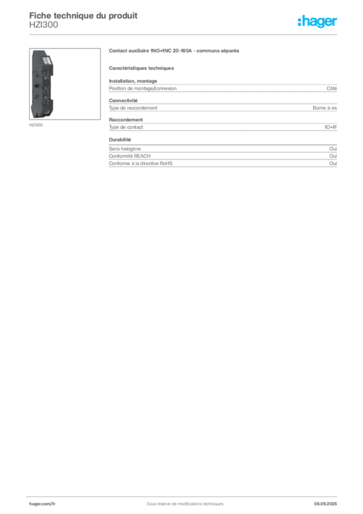 Image Hager Fiche technique du produit HZI300 | Hager France