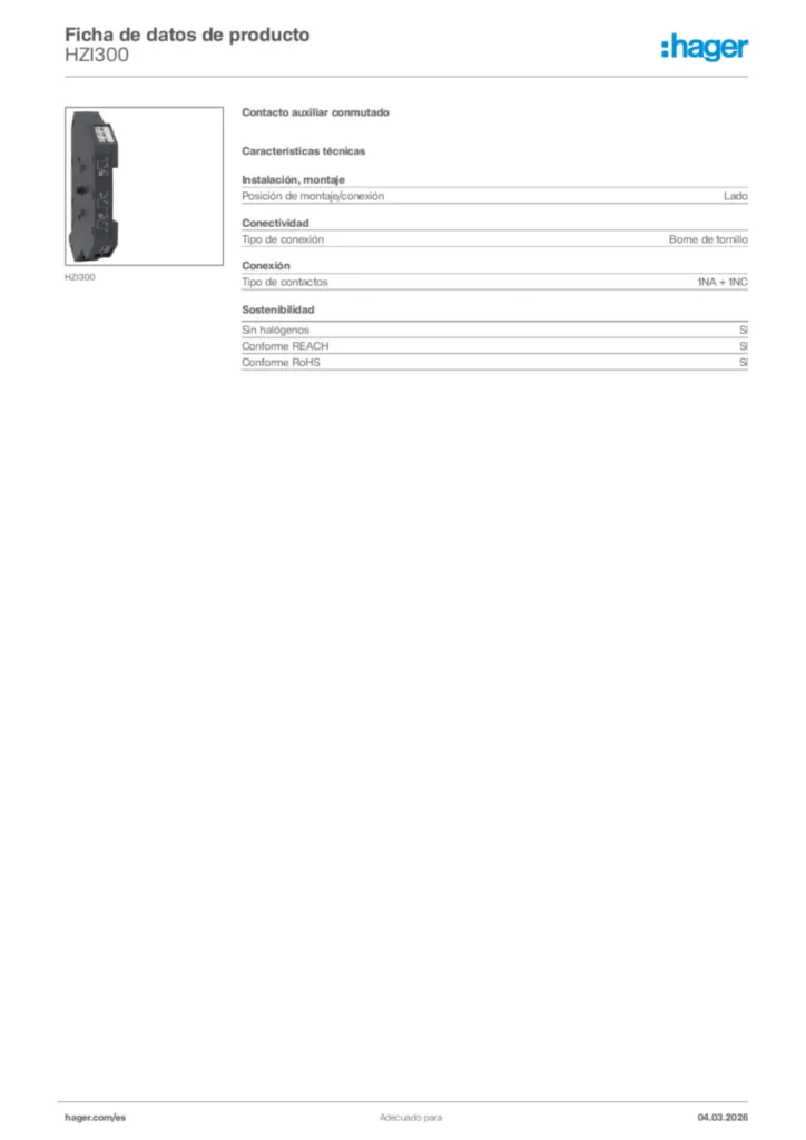 Imagen Hager Ficha de datos de producto HZI300 | Hager España