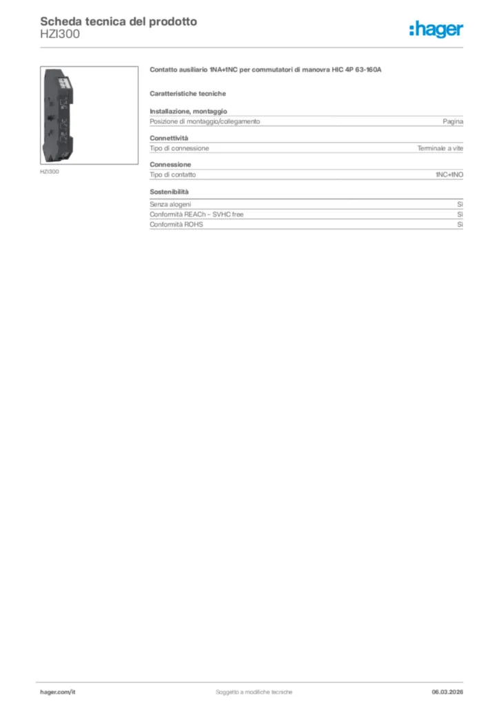 Immagine Hager Scheda tecnica del prodotto HZI300 | Hager Italia