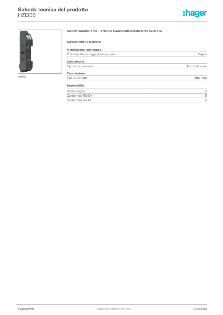 Immagine Hager Scheda tecnica del prodotto HZI300 | Hager Italia
