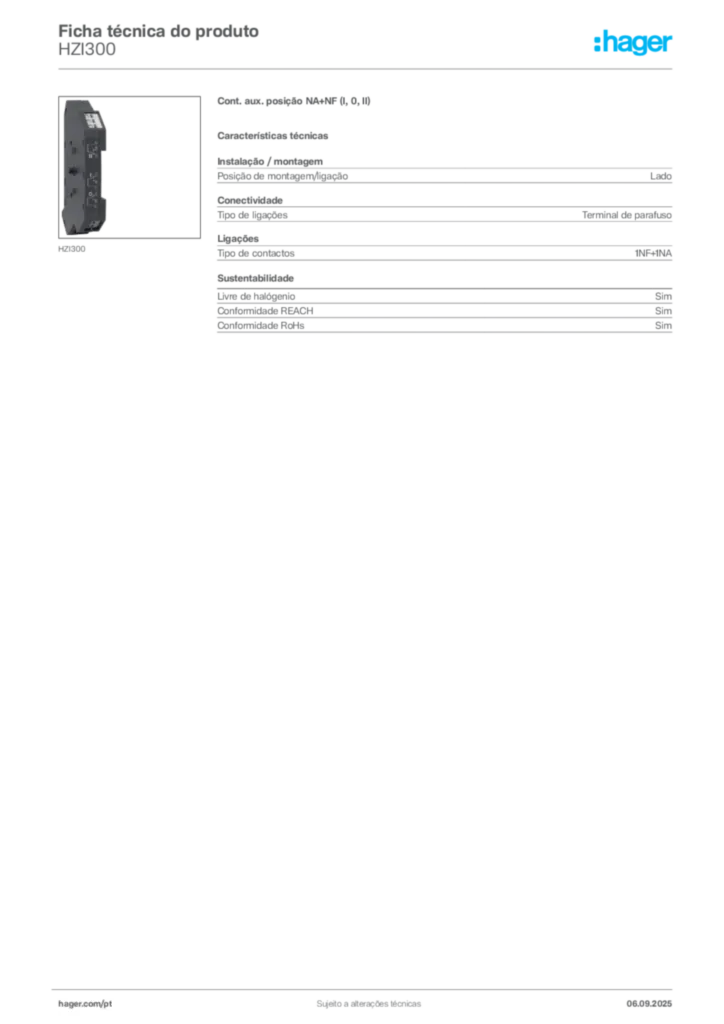 Imagem Hager Ficha técnica do produto HZI300 | Hager Portugal