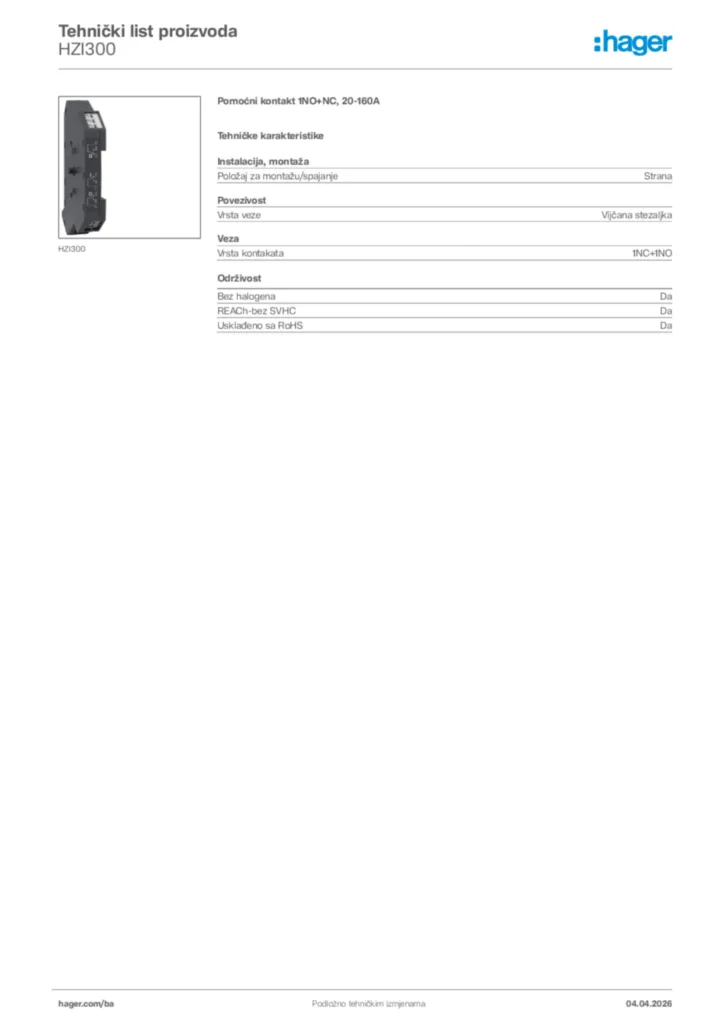 Slika Hager Tehnički list proizvoda HZI300  | Hager