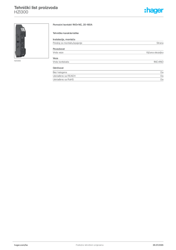 Slika Hager Product data sheet HZI300  | Hager
