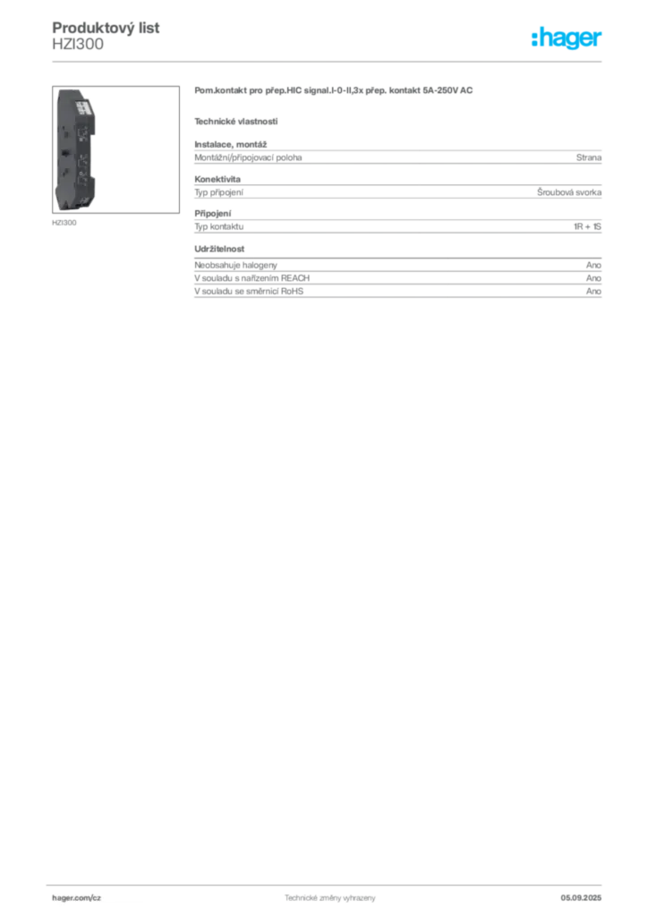 Obrázek Hager Produktový list HZI300 | Hager