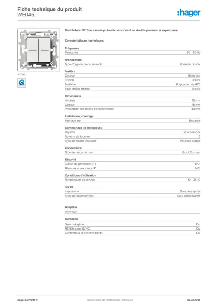 Image Hager Fiche technique du produit WE045 | Hager Afrique