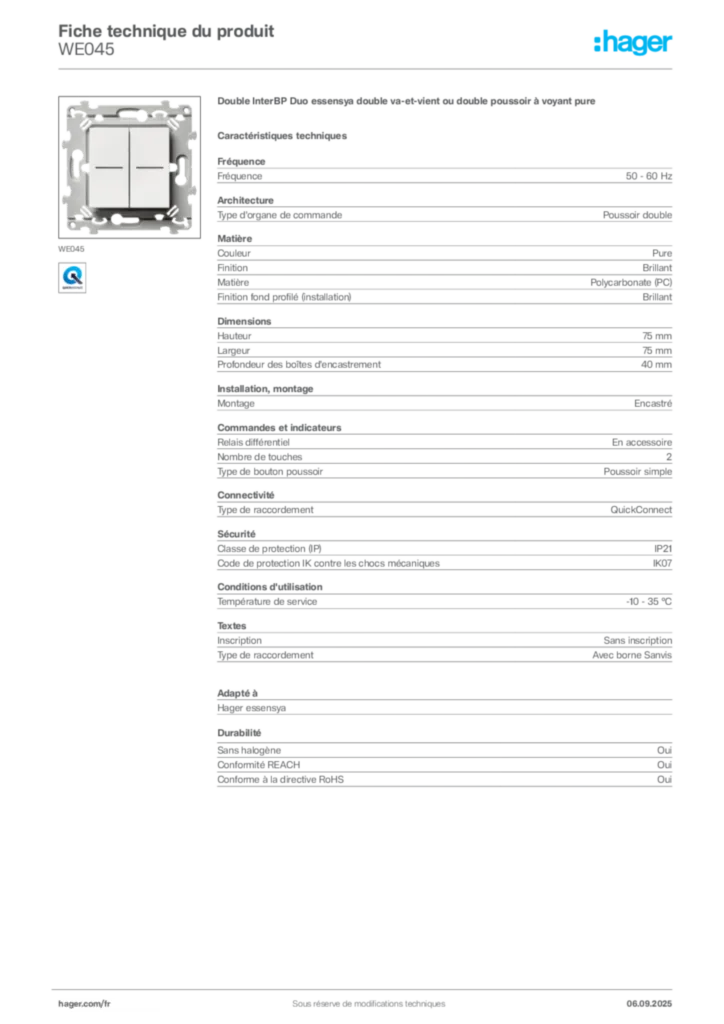 Image Hager Fiche technique du produit WE045 | Hager France