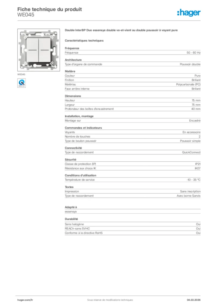Image Hager Fiche technique du produit WE045 | Hager France