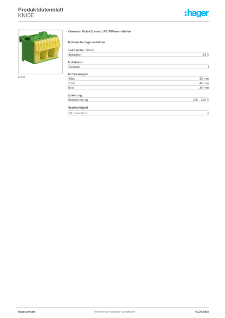 Hager Produktdatenblatt KN10E