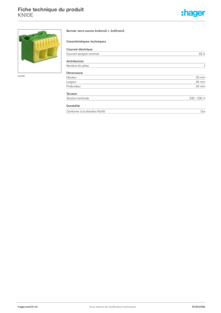 Image Hager Fiche technique du produit KN10E | Hager Suisse