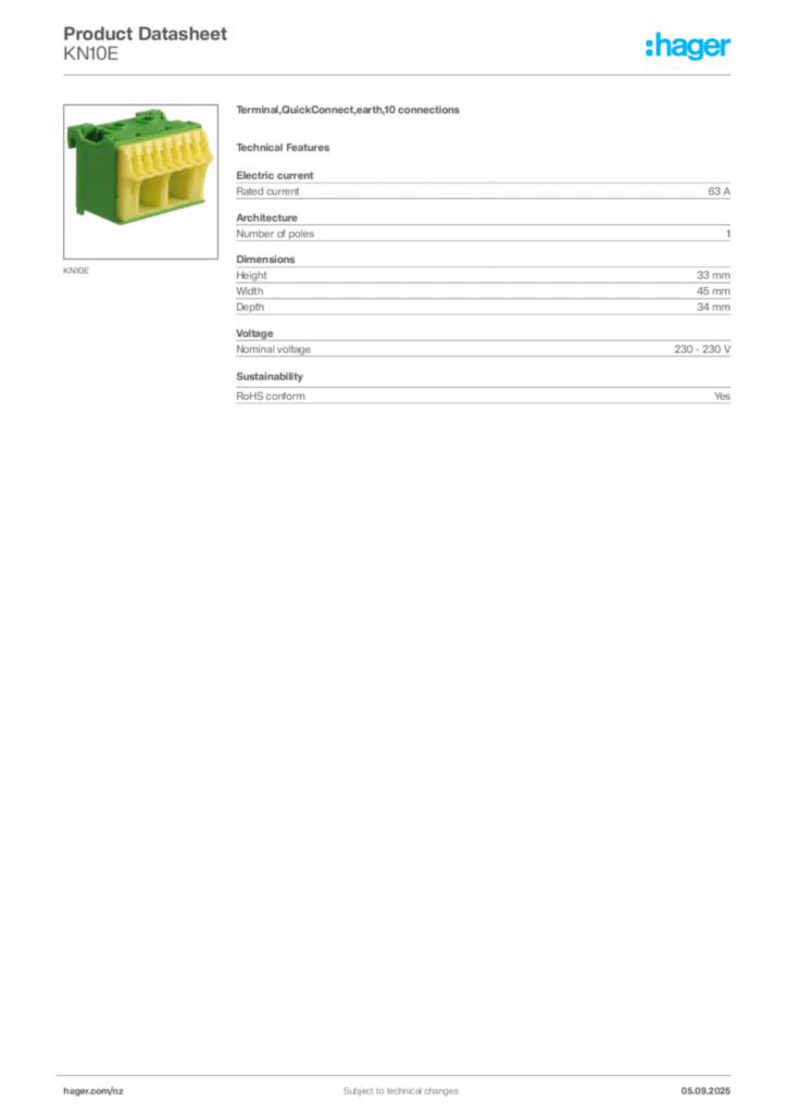 Image Hager Product data sheet KN10E  | Hager New Zealand