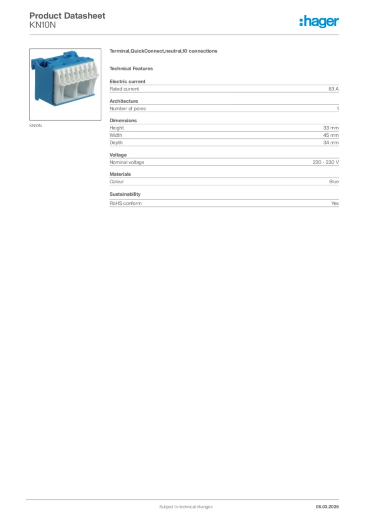 Image Hager Product data sheet KN10N  | Hager Africa