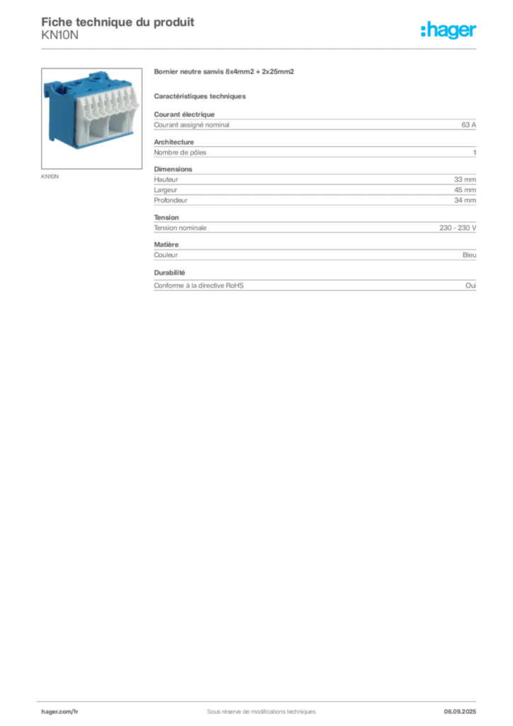 Image Hager Fiche technique du produit KN10N | Hager France