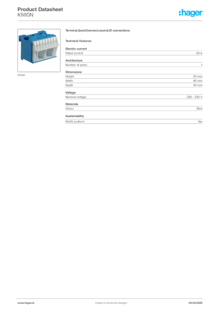 Image Hager Product data sheet KN10N  | Hager