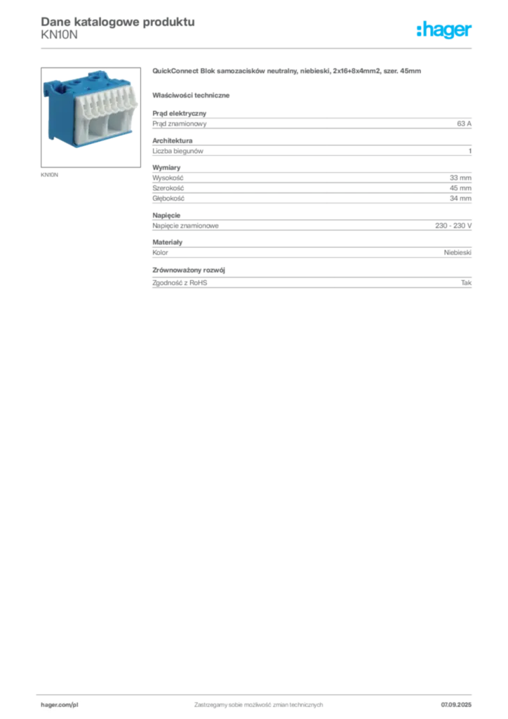 Zdjęcie Hager Dane katalogowe produktu KN10N | Hager Polska