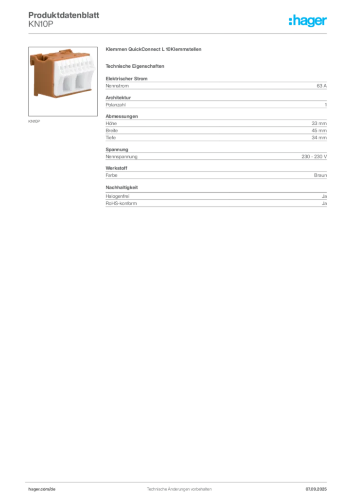 Hager Produktdatenblatt KN10P