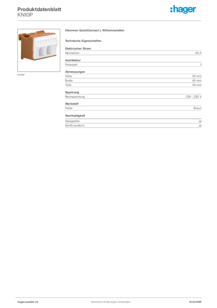 Bild Hager Produktdatenblatt KN10P | Hager Schweiz