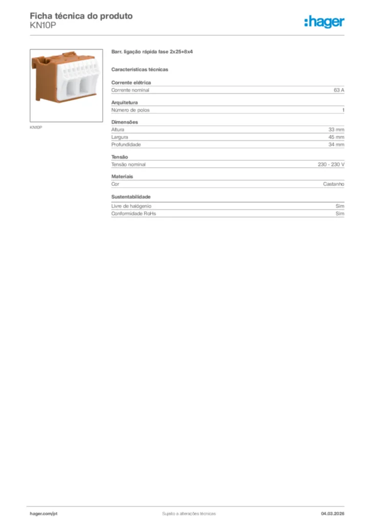 Imagem Hager Ficha técnica do produto KN10P | Hager Portugal