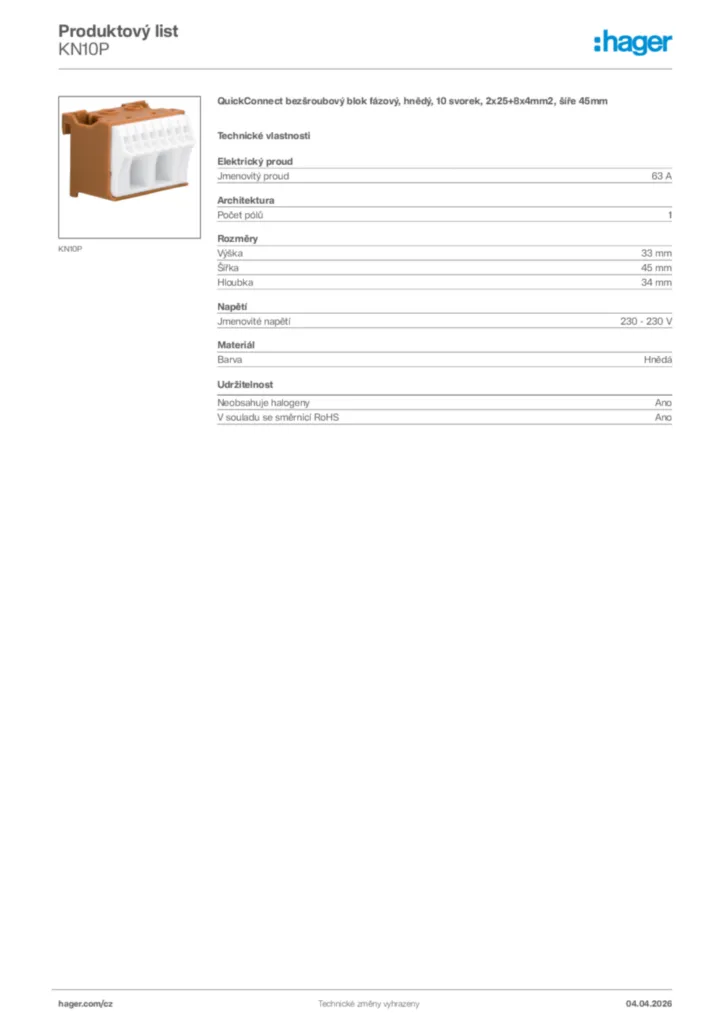 Obrázek Hager Product data sheet KN10P | Hager