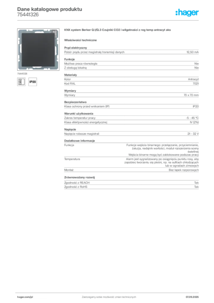Zdjęcie Hager Dane katalogowe produktu 75441326 | Hager Polska
