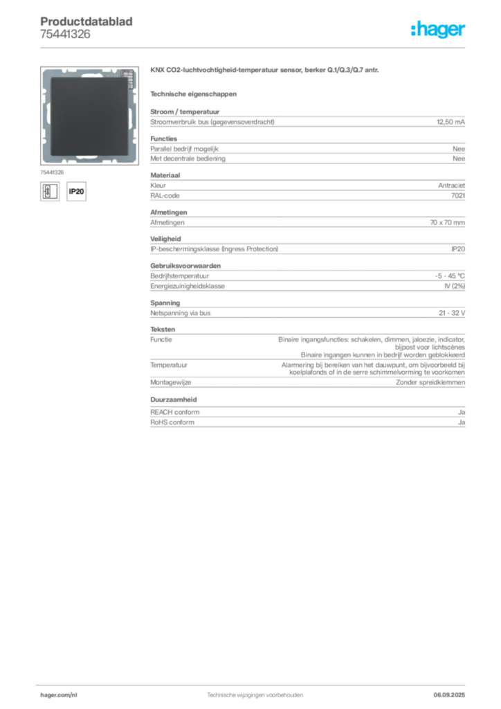 Afbeelding Hager Productdatablad 75441326 | Hager Nederland