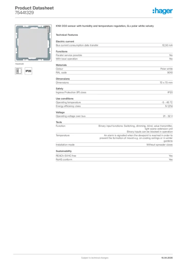 Image Hager Product data sheet 75441329  | Hager