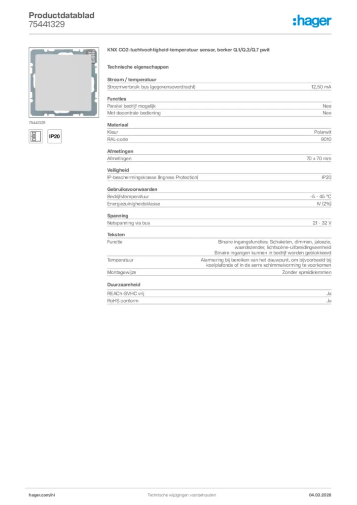 Afbeelding Hager Productdatablad 75441329 | Hager Nederland