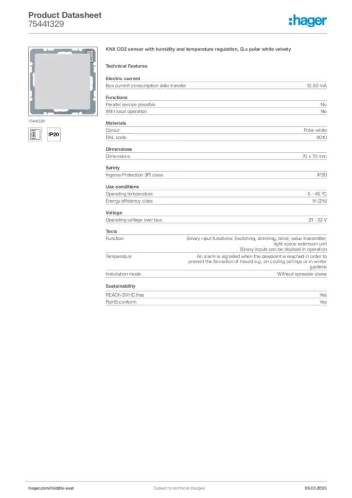 Image Hager Product data sheet 75441329  | Hager