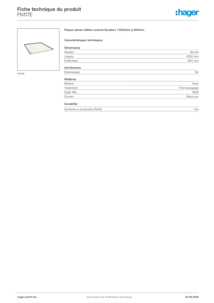 Image Hager Fiche technique du produit FN117E | Hager Belgique